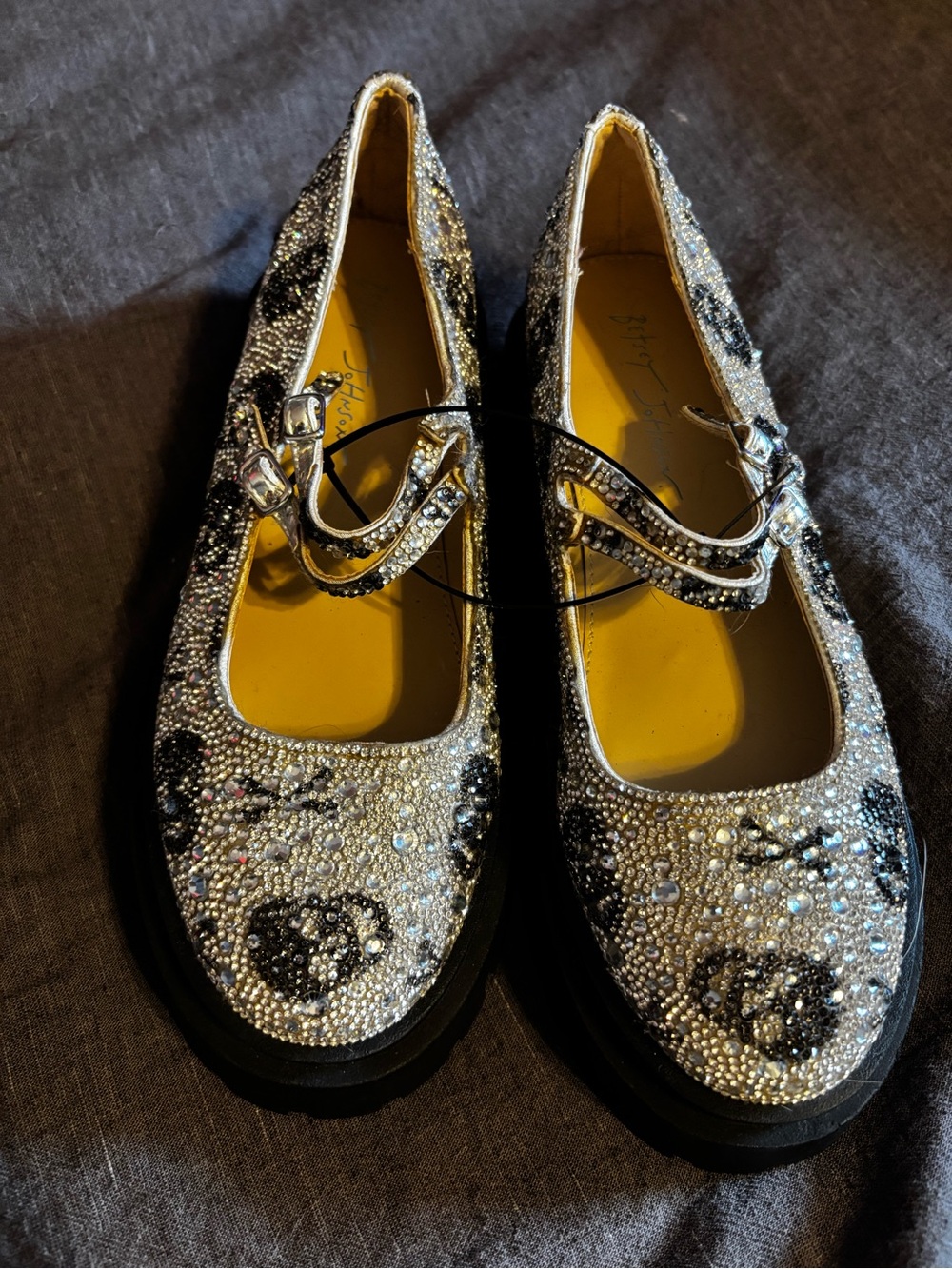 Betsey Johnson SB-Rico Rhinestone Mary Jane Flats 8 Silver Black Skull Chunky